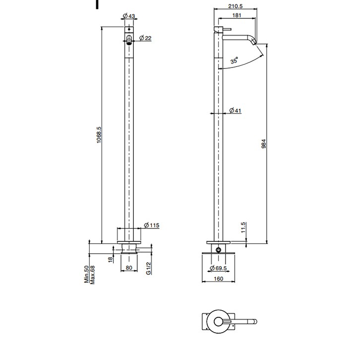 Fima Carlo Frattini Смеситель для раковины напольного монтажа, в комплекте с внутренней частью, Spillo Steel, F3071/PINOX цвет: сталь