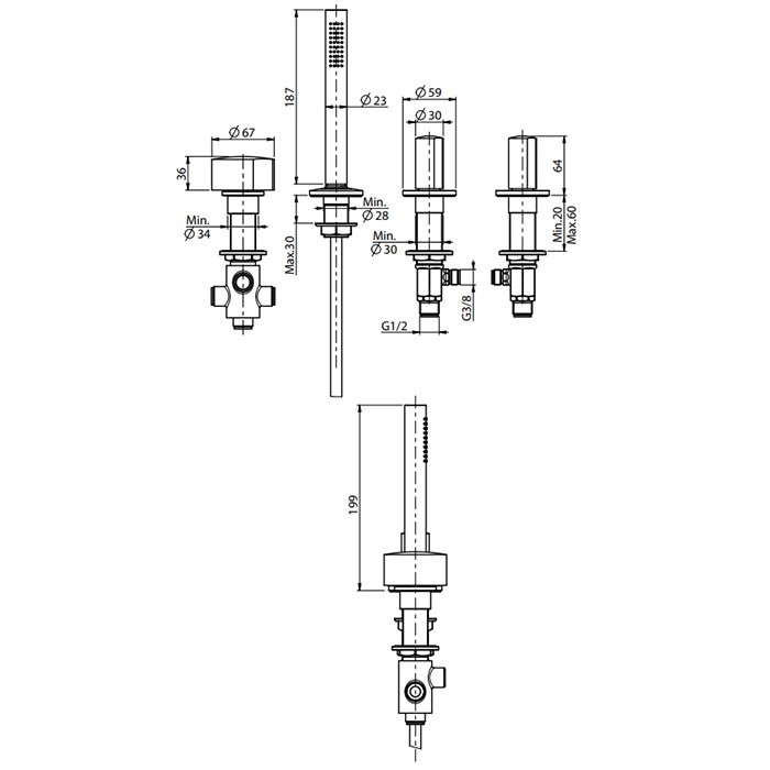 Fima Carlo Frattini Смеситель на борт ванны, с 4 отв., с ручным душем, So, F3174/1OR цвет: золото