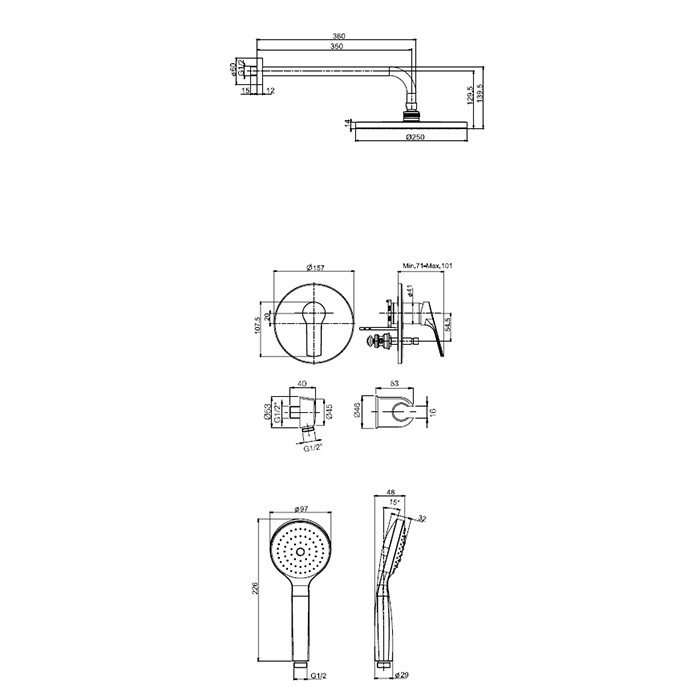 Fima Carlo Frattini Душевой комплект с верх душем d250мм, наст держ 350мм, Wellness, F3789CR цвет: хром