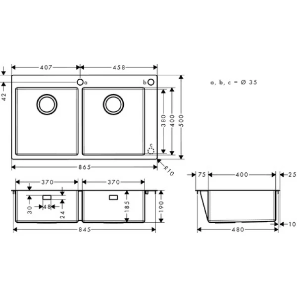 Раковина для кухни врезная, с двумя чашами 370/370, Hansgrohe S71, нержавеющая сталь арт. 43311800