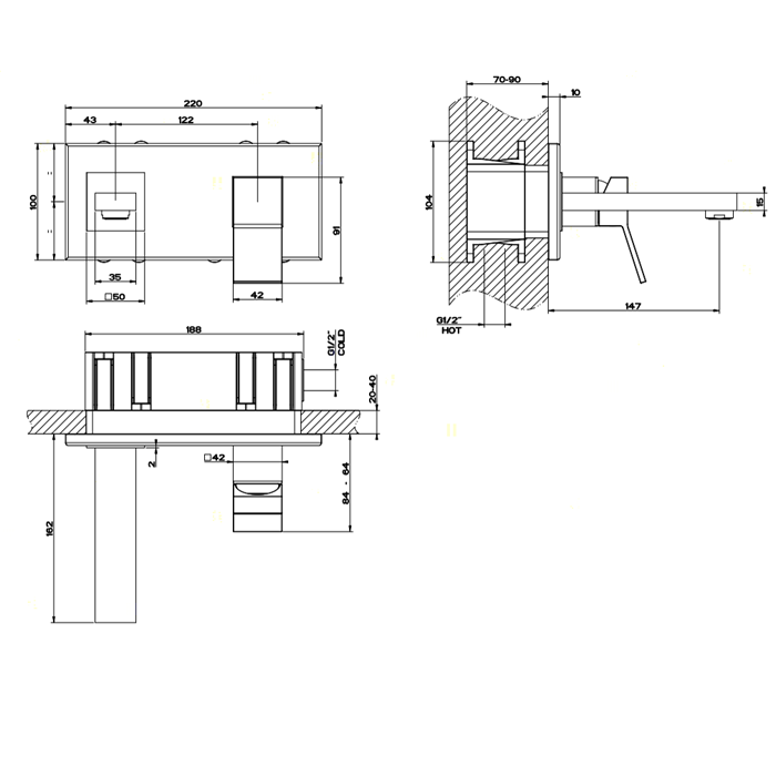 Встраиваемый однорычажный смеситель для раковины, излив 147мм, Gessi Rettangolo, хром арт. 53089#031