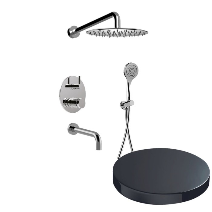 Встраиваемый душевой комплект на 3 режима, однорычажный, с поворотным переключателем, ручной душ, излив, кронштейн, верхний душ d25 см, Giulini My ring deluxe, хром черный глянц арт. MR0070DLCRN