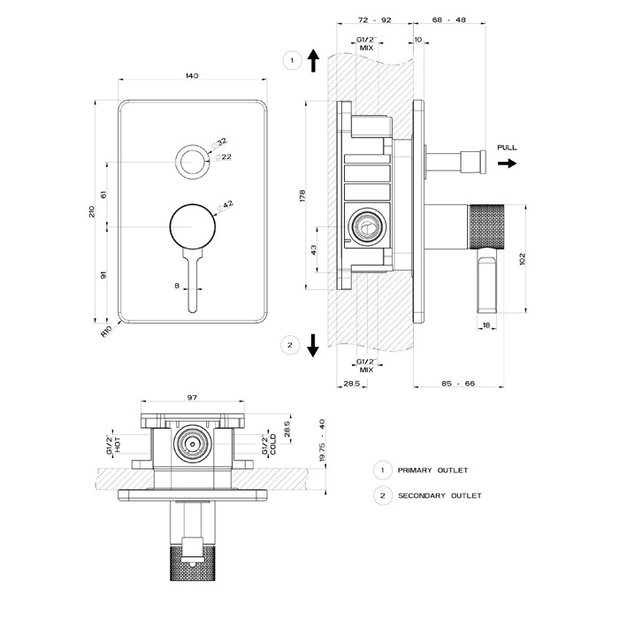 Встраиваемый однорычажный смеситель, картридж ?35 мм, на две позиции с автоматическим переключателем, Gessi Inciso, black xl арт. 58079#299