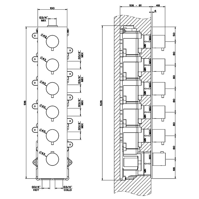 Встраиваемый термостатический смеситель на 5 источников, резьба 3/4", Gessi 316, steel brushed арт. 54520#239