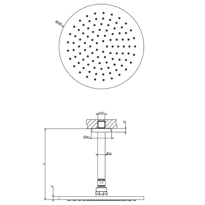 Потолочная душевая головка шарнирная на 1/2", d250мм, длина изгот. под заказ (105 - 1855мм), Gessi Rilievo, хром арт. 59150#031