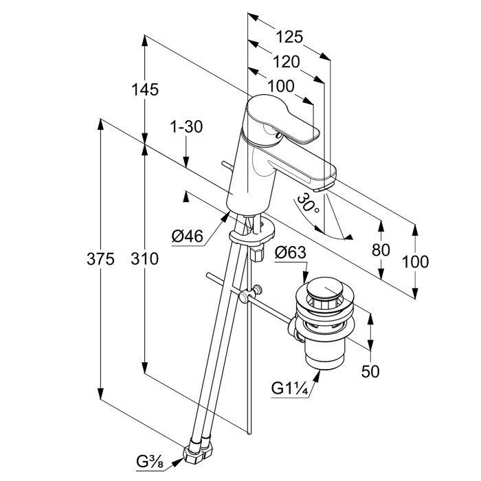 Однорычажный смеситель на умывальник 70, холодная вода при центральном положении рычага, донный клапан g1 1, 4, pure and easy Kludi, хром - 373880565wr4