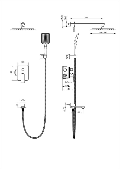 Душевая система встраиваемая, Wonzon & Woghand Diamond, WW-88939011-MB цвет: черный