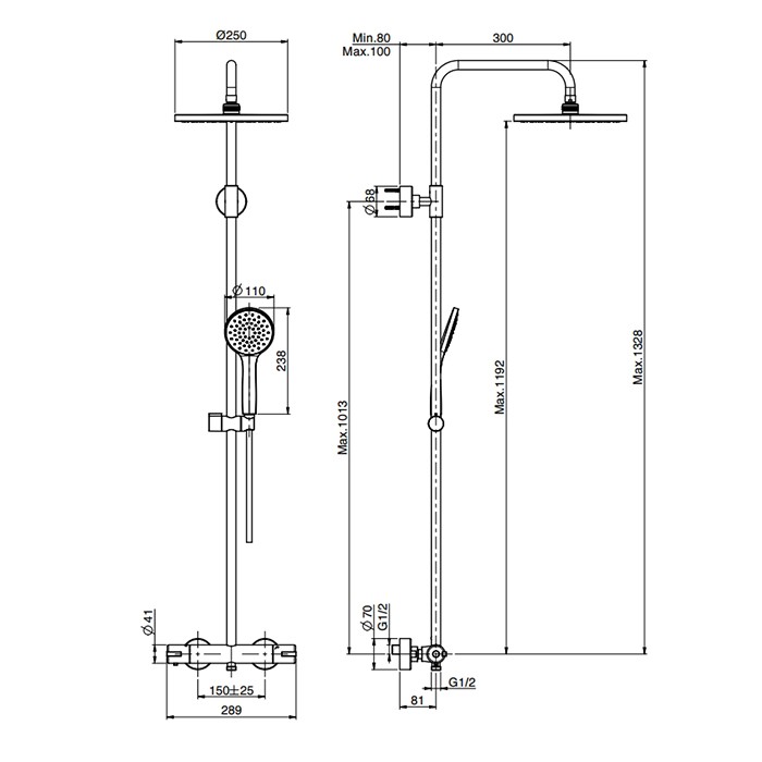 Fima Carlo Frattini Душевая стойка, с термостатическим смесителем, верхний душ из ABS d25см., ручной душ и шланг 150см., F4905/RP251CR цвет: хром