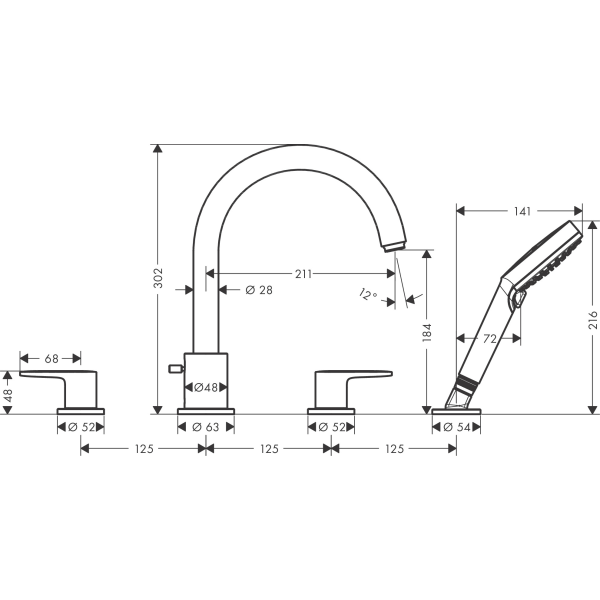 Смеситель на край ванны на 4 отверстия, Hansgrohe Vernis Blend, хром арт. 71456000