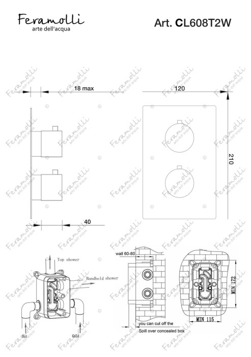 Термостатический смеситель скрытого монтажа на 2 потока, хром, Termostato Feramolli - CL608T2W