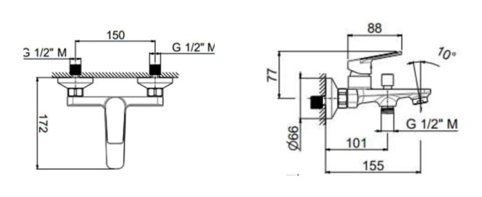 Смеситель для ванны, настенный с дивертором, без лейки, Nota Kerama Marazzi, хром - 33080KM.21.018