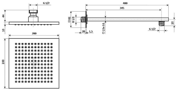Рассеиватель для верхнего душа 200x200 с держателем, Fioretto Kerama Marazzi, хром - AC50CR759Q20EBIKM