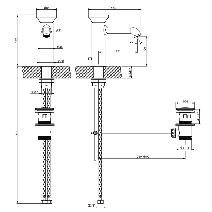 Смеситель для раковины, на 1 отв., с донным клапаном, с вставкой, Gessi Origini, black metal brushed pvd арт. 66001#707