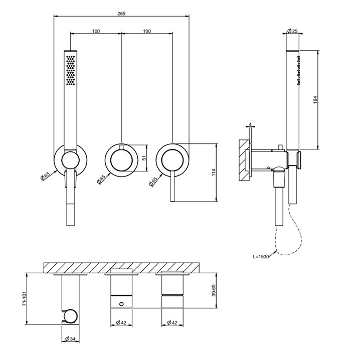 Смеситель для душа, встраиваемый, на 2 источника. с подводом воды, ручной лейкой, Gessi 316, black xl арт. 54039#299