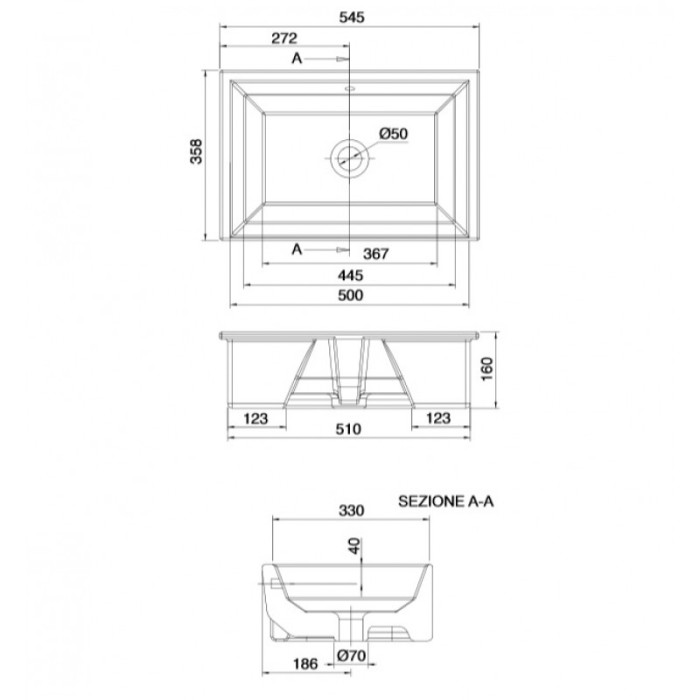 Раковина встраиваемая снизу с переливом без отверстий, цвет белый с антибактериальным и грязеотталкивающим покрытием BIOKER, Scarabeo Tech - 8037 BK