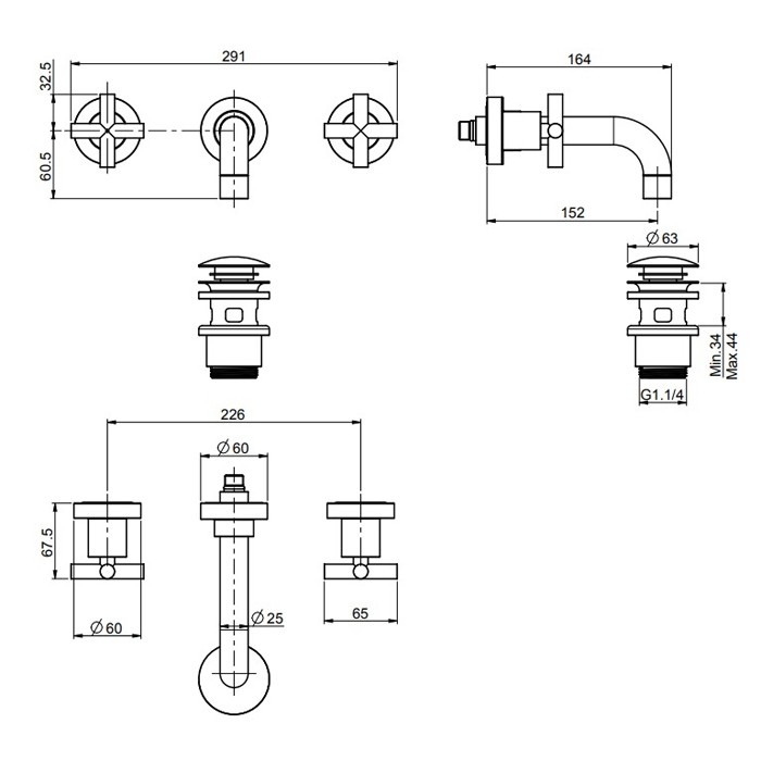 Fima Carlo Frattini Смеситель для раковины настенный, на 3 отв., излив 200 мм., донный клапан Click-Clack, Maxima, F5321L/5NS F2230 цвет: черный