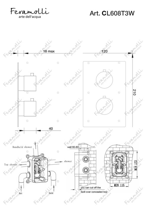 Термостатический смеситель скрытого монтажа на 3 потока, хром, Termostato Feramolli - CL608T3W