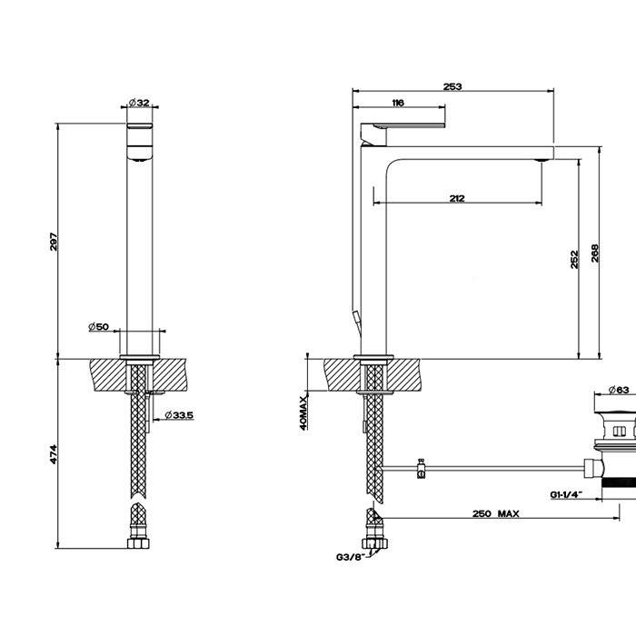 Смеситель для раковины, на 1 отв, высокий, с донным клапаном, Gessi Emporio Via manzoni, finox brushed nickel арт. 38604#149