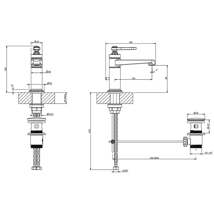 Смеситель для раковины на 1 отв., в комплекте с донным клапаном, Gessi Venti20, gold pvd арт. 65001#246