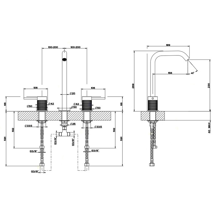 Смеситель для раковины на 3 отверстия, без донного клапана, Gessi Meccanica, шлифованная сталь арт. 54211#239