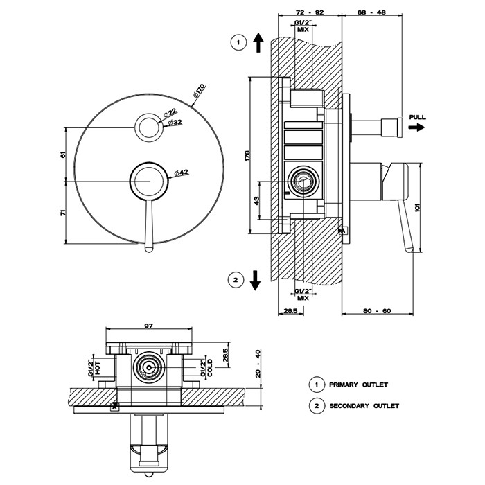 Cмеситель для душа, встраиваемый, с переключателем потоков, (внешние части), Gessi Goccia, gold ccp арт. 44678#080