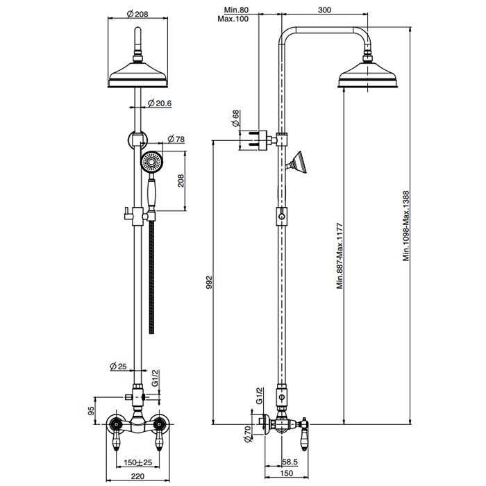 Fima Carlo Frattini Душевая стойка, верхний душ 20см., со смесителем, ручным душем и держателем, Herend, F5405/2CBOR цвет: золото