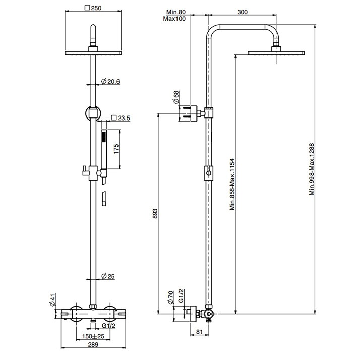 Fima Carlo Frattini Душевая стойка, верхний душ 25х25см., с термостатическим смесителем, держателем и ручным душем, Colonne doccia, F4885/QP255CR цвет: хром