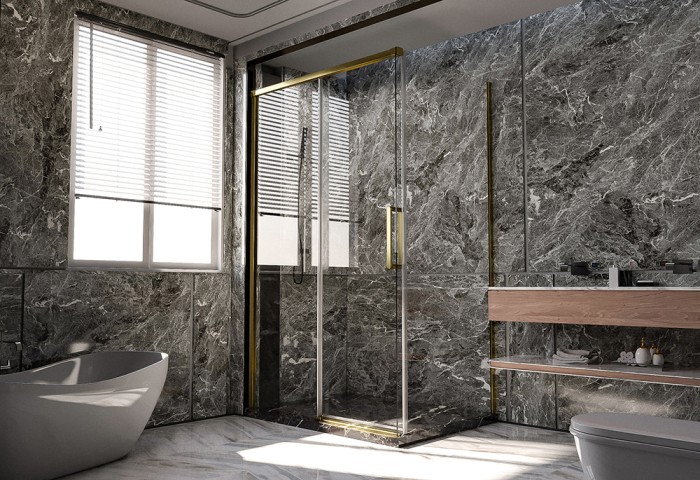 Душевой угол 1500х900x2000 Veconi Premium Trento, брашированное золото, стекло прозрачное арт. PTC40-SP-15090-G-01-C4