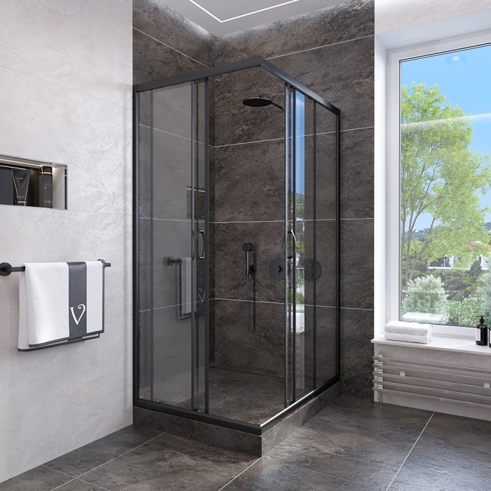 Душевой угол 900x900x1850, Veconi Rovigo, черный, стекло прозрачное арт. RV113B-90-01-C4