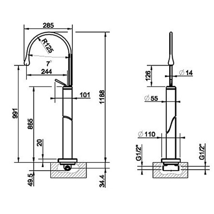 Напольный смеситель для раковины (без всраиваемой части), Gessi Goccia, черный арт. 33624#299