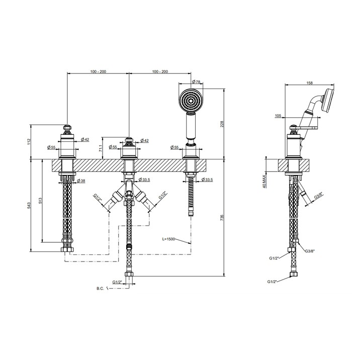 Смеситель для установки на борт ванны на 3 отверстия, однорычажный, без излива, с ручным душем и шлангом 1500 мм., Gessi Venti20, brass pvd арт. 65043#710