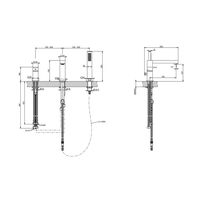 Смеситель для ванны на 3 отверстия, с переключателем, изливом 195мм и ручным душем, Gessi Rettangolo, black xl арт. 20037#299