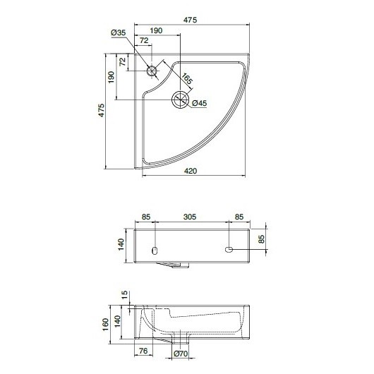 Раковина угловая подвесная или накладная с переливом с одним отверстием, цвет белый с антибактериальным и грязеотталкивающим покрытием BIOKER, Scarabeo Square - 8007/E BK
