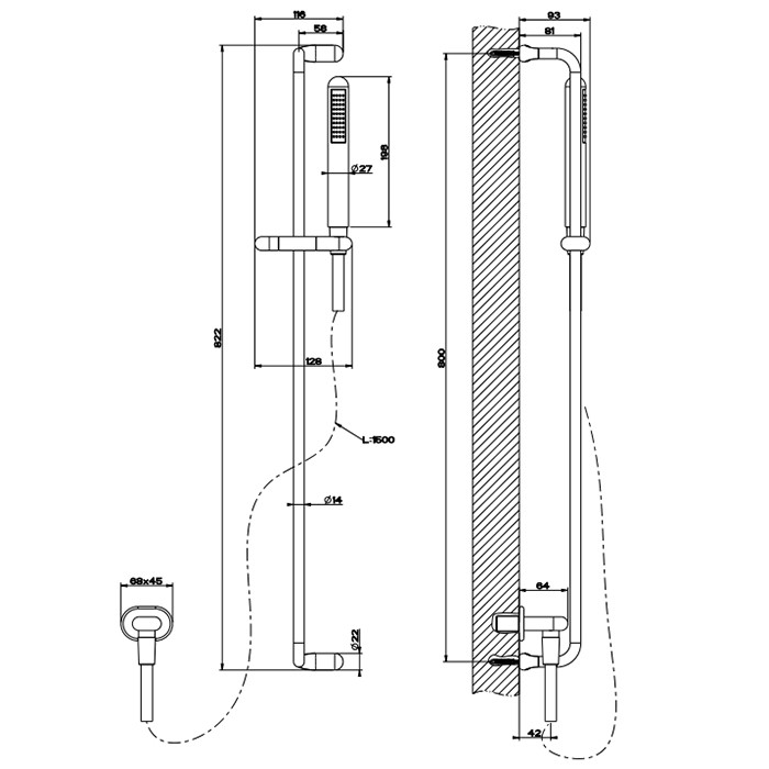 Душевая штанга с ручным душем и выводом воды из стены, Gessi Goccia, gold ccp арт. 33642#080
