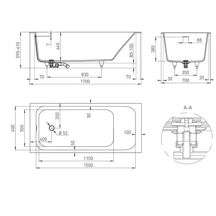 Ванна встраиваемая 170x70, матовая, Salini ORLANDA KIT арт. 102111M