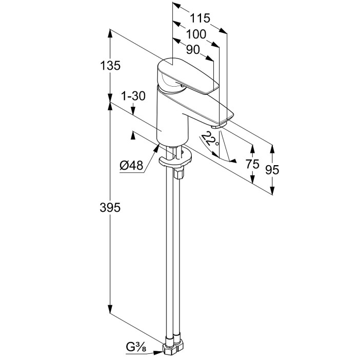 Однорычажный смеситель для раковины 75, холодная вода при центральном положении рычага, без донного клапана, pure and solid Kludi, хром - 343890575wr4