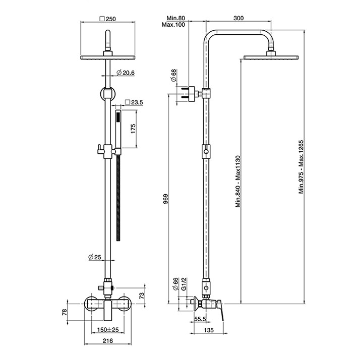 Fima Carlo Frattini Душевая стойка:смеситель для душа, настенный, с душ.стойкой, верхний душ d250мм, ручной душ, Fit, F3385/2CR цвет: хром