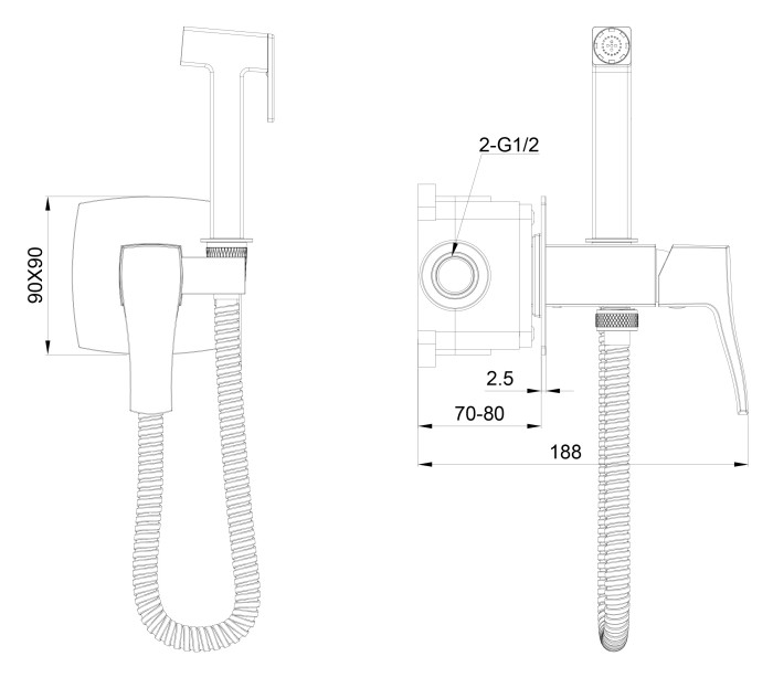 Смеситель с гигиеническим душем встраиваемый, Wonzon & Woghand Flex, WW-88829072-BGM цвет: графит