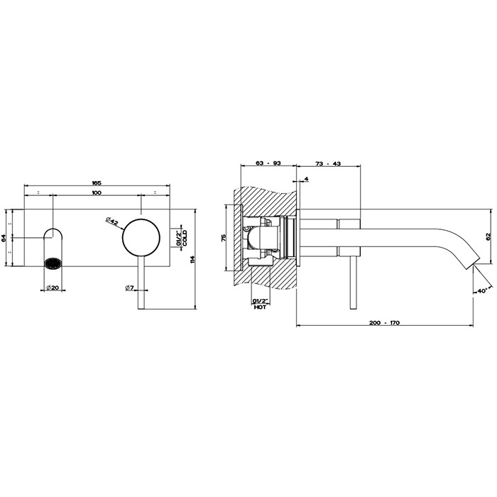Встраиваемый смеситель с изливом 200-170мм, Gessi 316, brushed black metal pvd арт. 54090#707