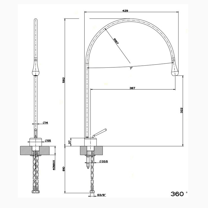 Смеситель для раковины на 1 отверстие, излив 387мм R=197, Gessi Goccia, хром арт. 33603#031