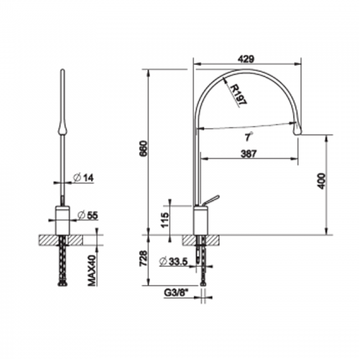 Смеситель для раковины на 1 отверстие, высокий, излив 387мм R=197, Gessi Goccia, черный арт. 33606#299