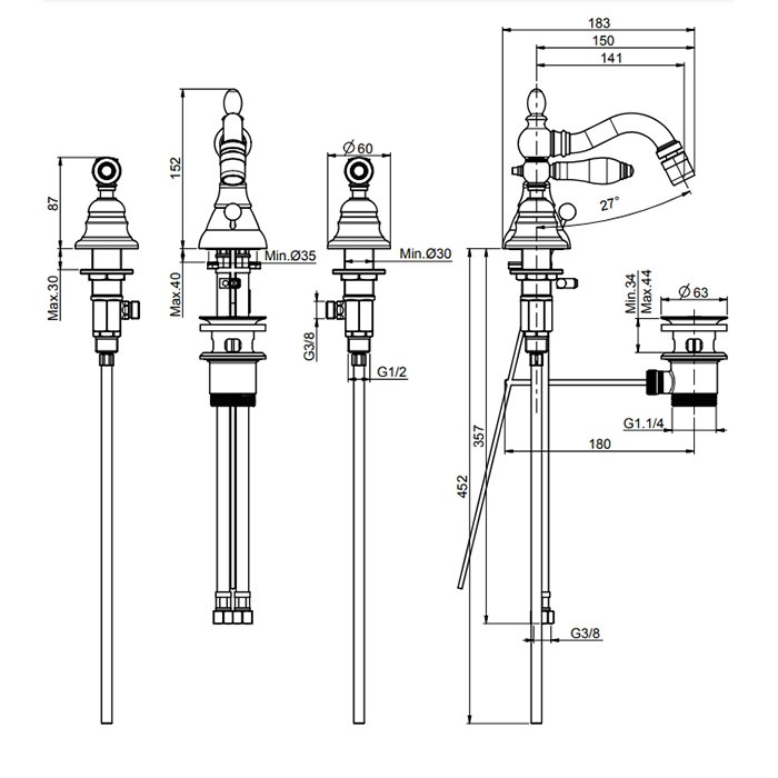 Fima Carlo Frattini Cмеситель для биде, на 3 отв., с донным клапанном, черные ручки, Herend, F5402CNOR цвет: золото