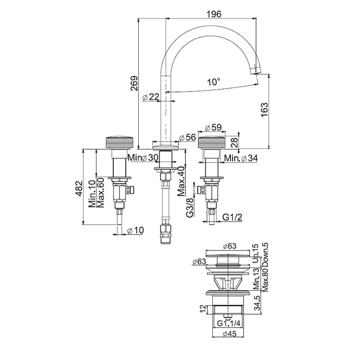 Fima Carlo Frattini Смеситель для раковины, на 3 отверстия, донный клапан click-clack, Texture Collection, F5611XOR цвет: золото