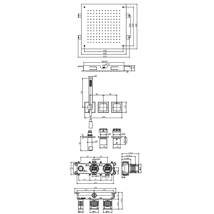 Fima Carlo Frattini Душевая система, с верхним душем 49х49см., встраиваемый, термостатическим смесителем, на 2 выхода и ручным душем, Sistemi doccia, F3989WX9Q50CR цвет: хром