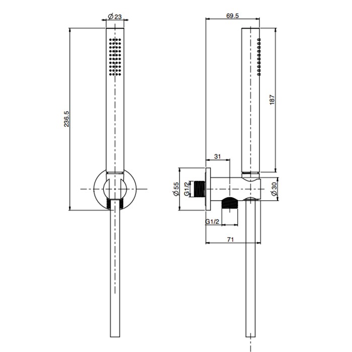 Fima Carlo Frattini Душевой комплект с ручным душем, шлангом 1500 мм. и настенным держателем с подводом воды, Spillo Steel, F2951/4INOX цвет: нержавеющая сталь
