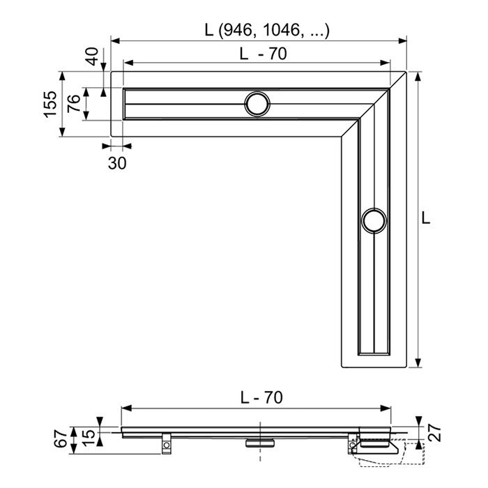 Канал комплект для установки углового душевого трапа, 900х900 мм, TECE арт. 610900 650000 660005 660003 660016 610970