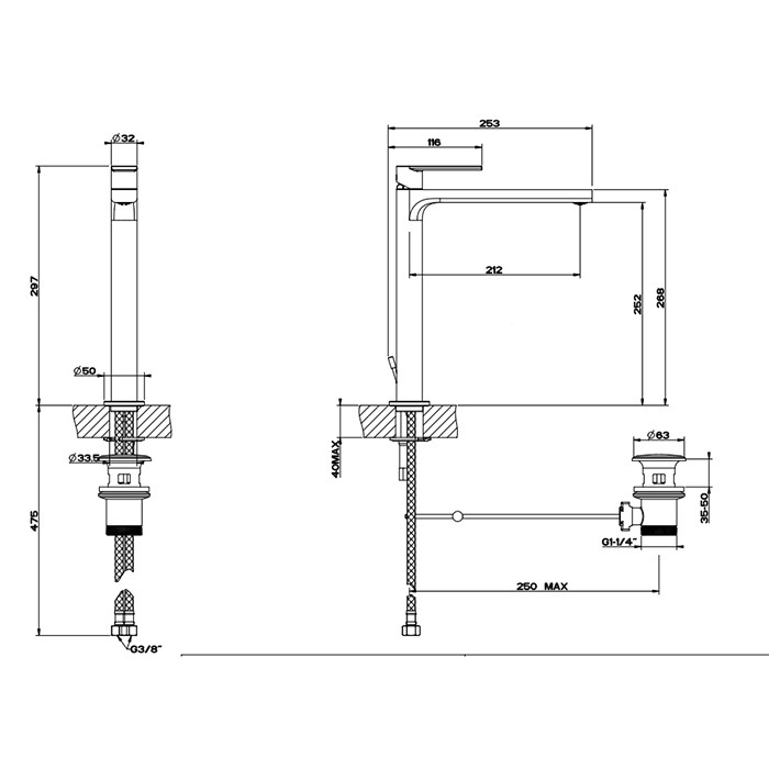Смеситель для раковины, на 1 отв, высокий, с донным клапаном, Gessi Emporio Via manzoni, finox brushed nickel арт. 38603#149