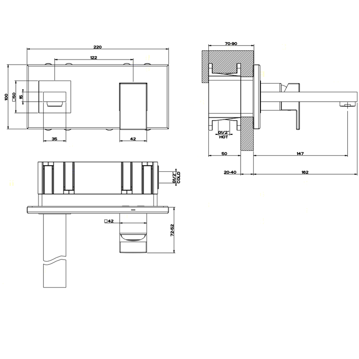 Встраиваемый однорычажный смеситель, излив 146мм, Gessi Rettangolo, хром арт. 44840#031