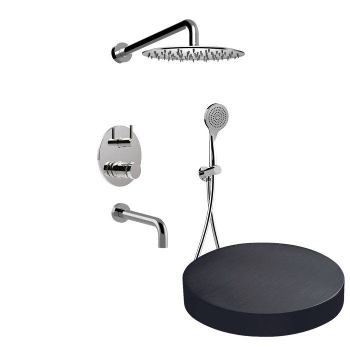 Встраиваемый душевой комплект на 3 режима, однорычажный, с поворотным переключателем, ручной душ, излив, кронштейн, верхний душ d25 см, Giulini My ring deluxe, ганметал арт. MR0070DLEPCRNS