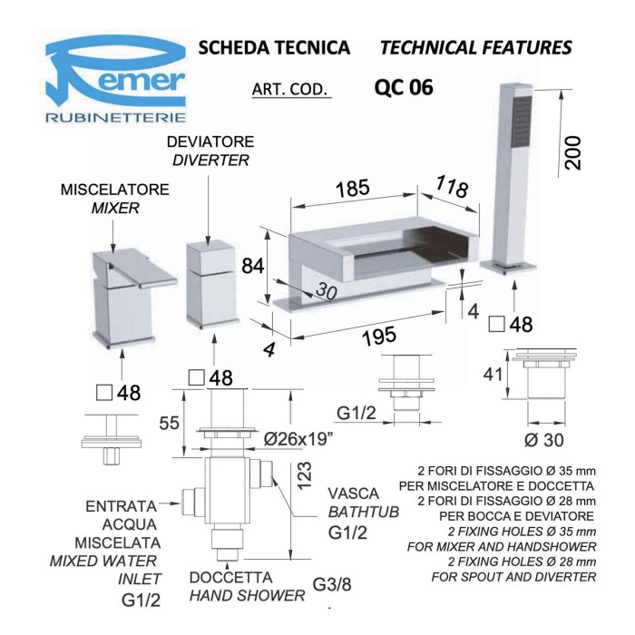 Смеситель золото глянцевый, Remer Qubika Cascata, внешнего монтажа QC06DO